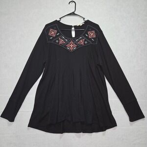Alchemy‎ Thread Black Waffle Knit Embroidered Boho Tunic Top XXL